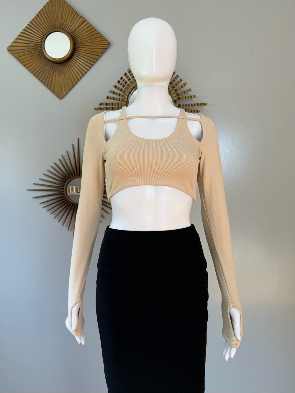 Oh Polly Beige Cutout Cold-Shoulder Crop Top